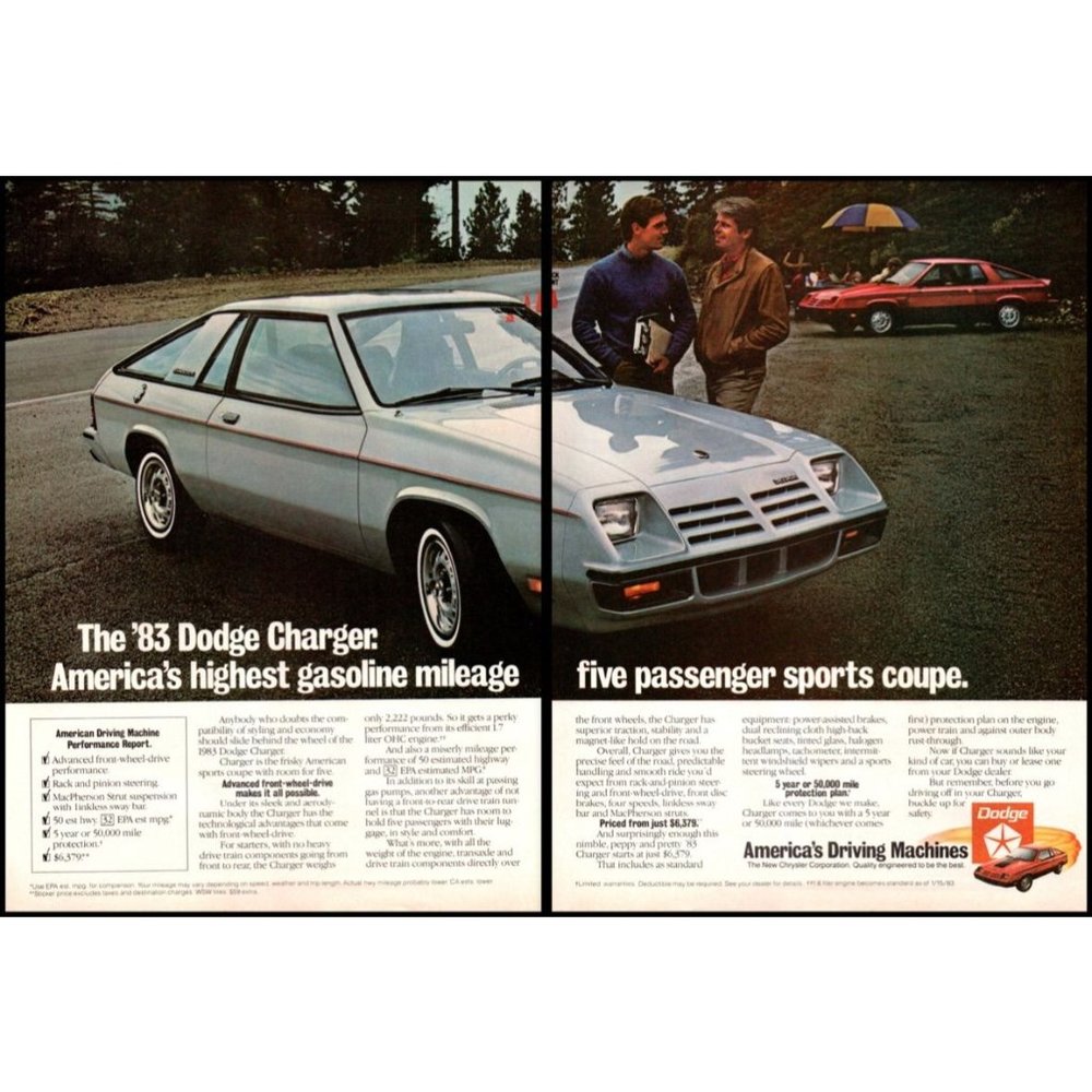 1983 Dodge Charger Sports Coupe 2 Page Print Ad Picnic Table Umbrella Wall Art